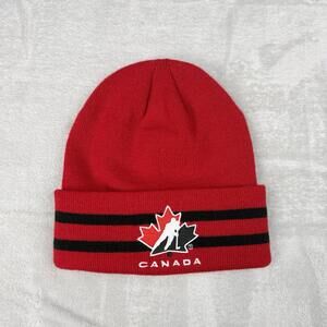 Team Canada Hockey Knit Beanie Red Black Striped Winter Toque One Size Acrylic